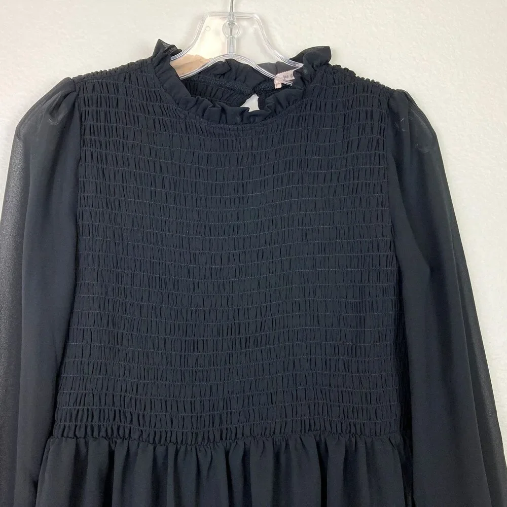 Mi Ami Women's Smocked Peasant Blouse Size S Black Sheer Sleeves